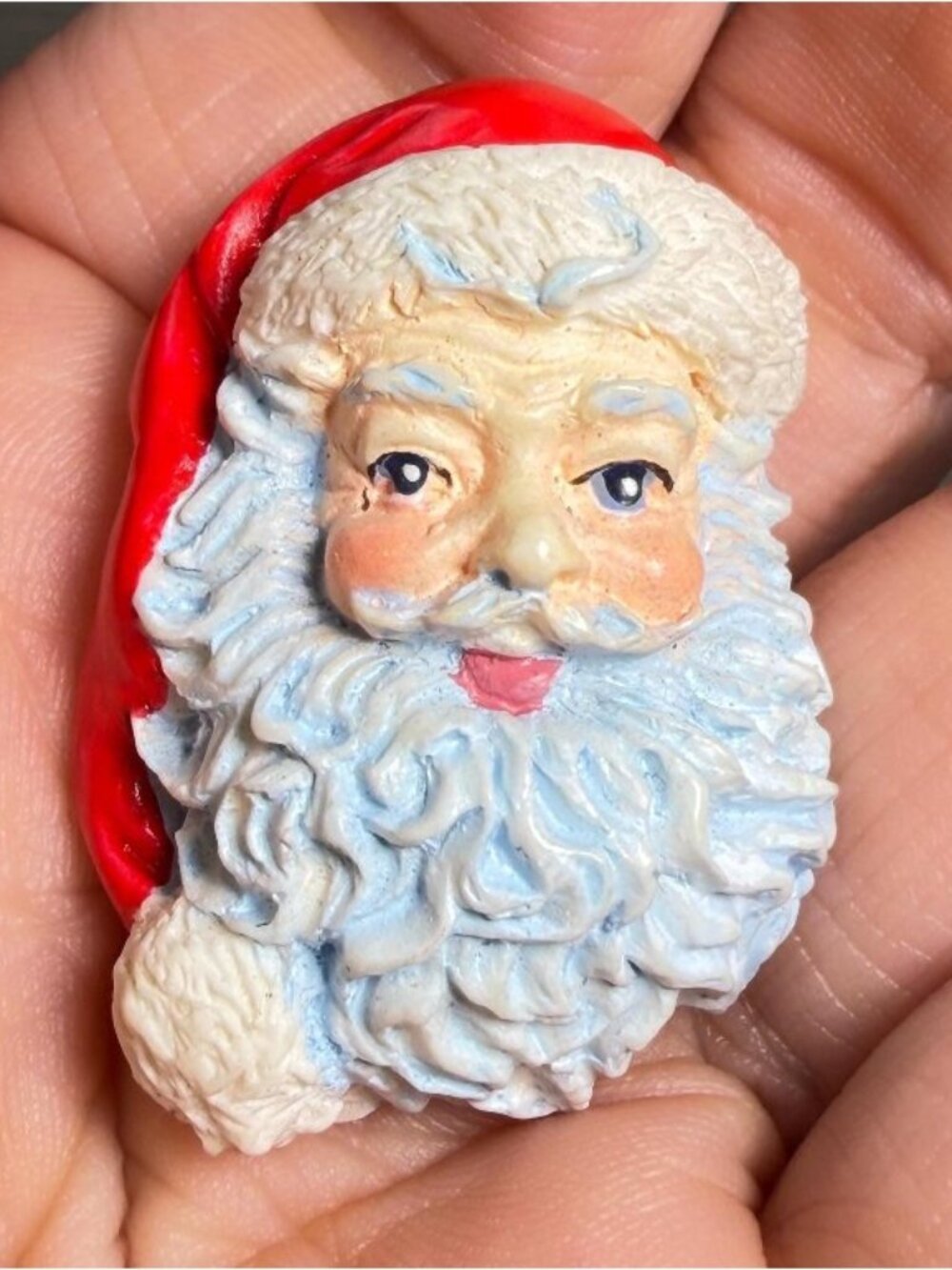Vintage Santa Claus Brooch Hand Painted Resin Wood Christmas Pin